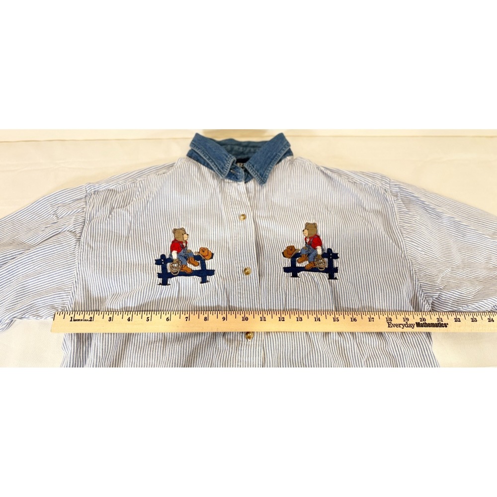 VTG Xquizzit Cowboy Denim Striped Shirt Teddy Bear Americana Size L Button Up - Picture 6 of 6